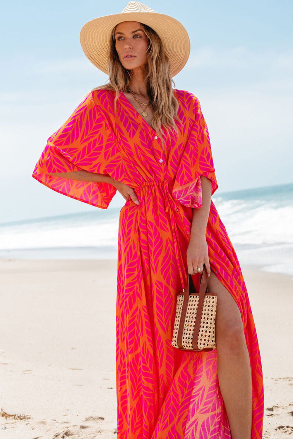 Leafy Print Maxi Dress with V Neck and Buttoned Split Maxi Dresses MyDresses 
