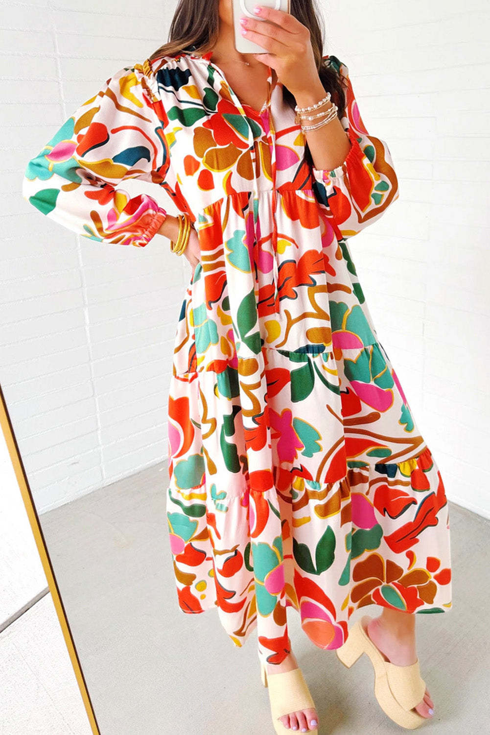 Floral Print Maxi Dress with Split V Neck and Tiered Design Maxi Dresses MyDresses Multicolor 8 | S 