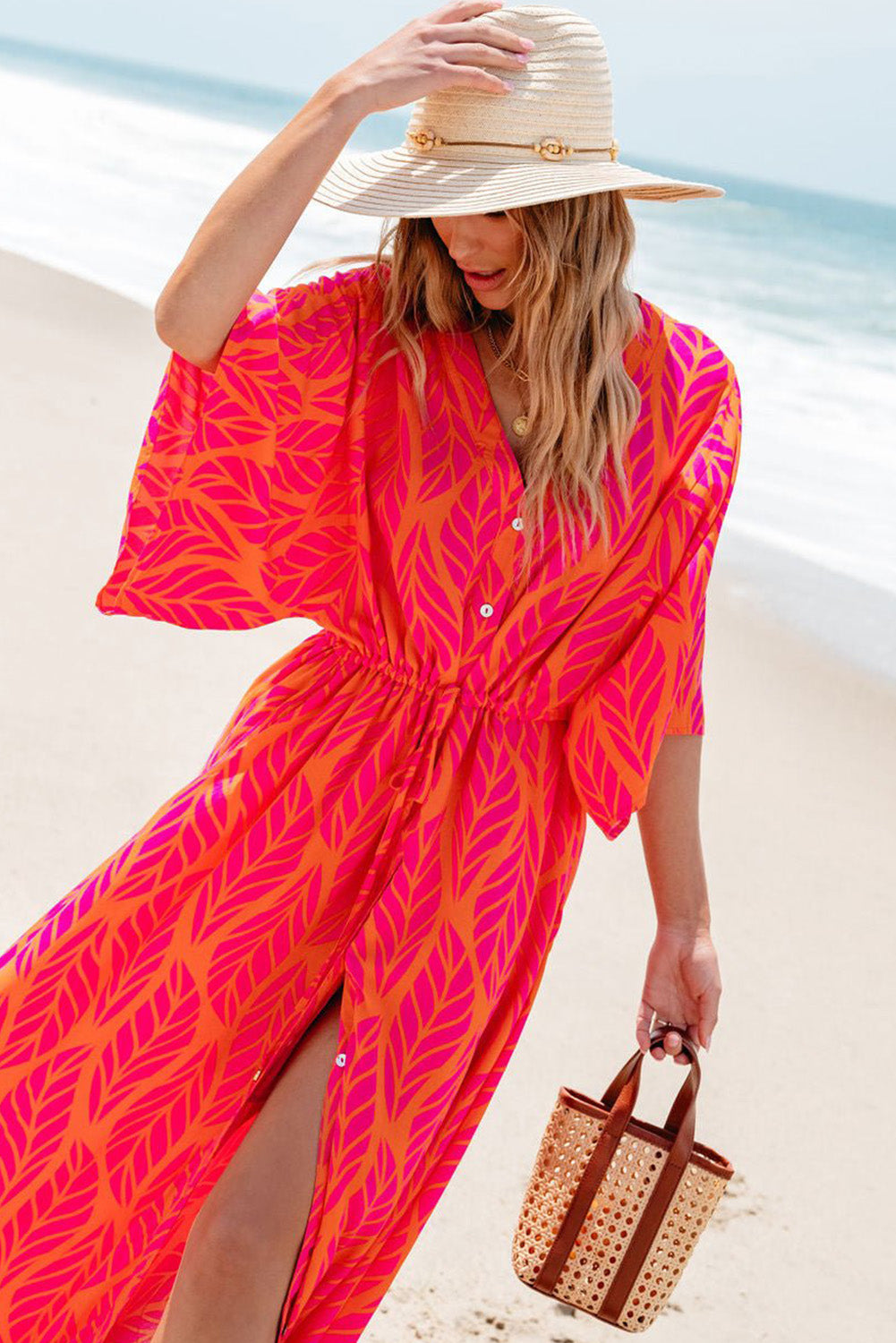 Leafy Print Maxi Dress with V Neck and Buttoned Split Maxi Dresses MyDresses 