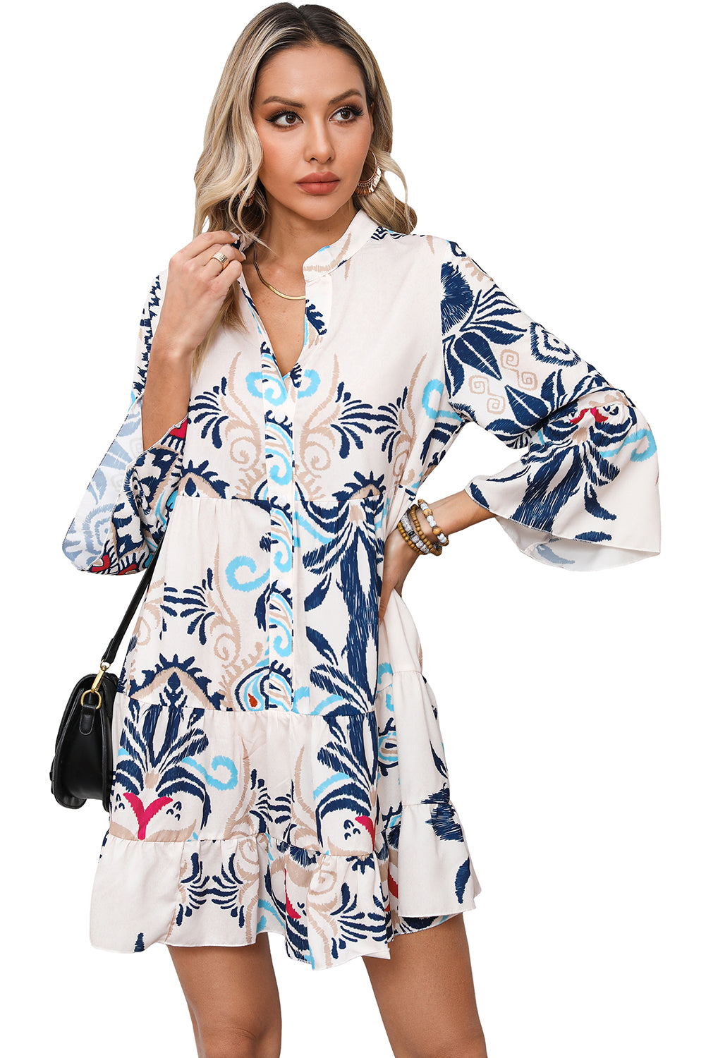 White Printed Tribal Print Bracelet Sleeve Buttoned Mini Dress Mini Dresses MyDresses