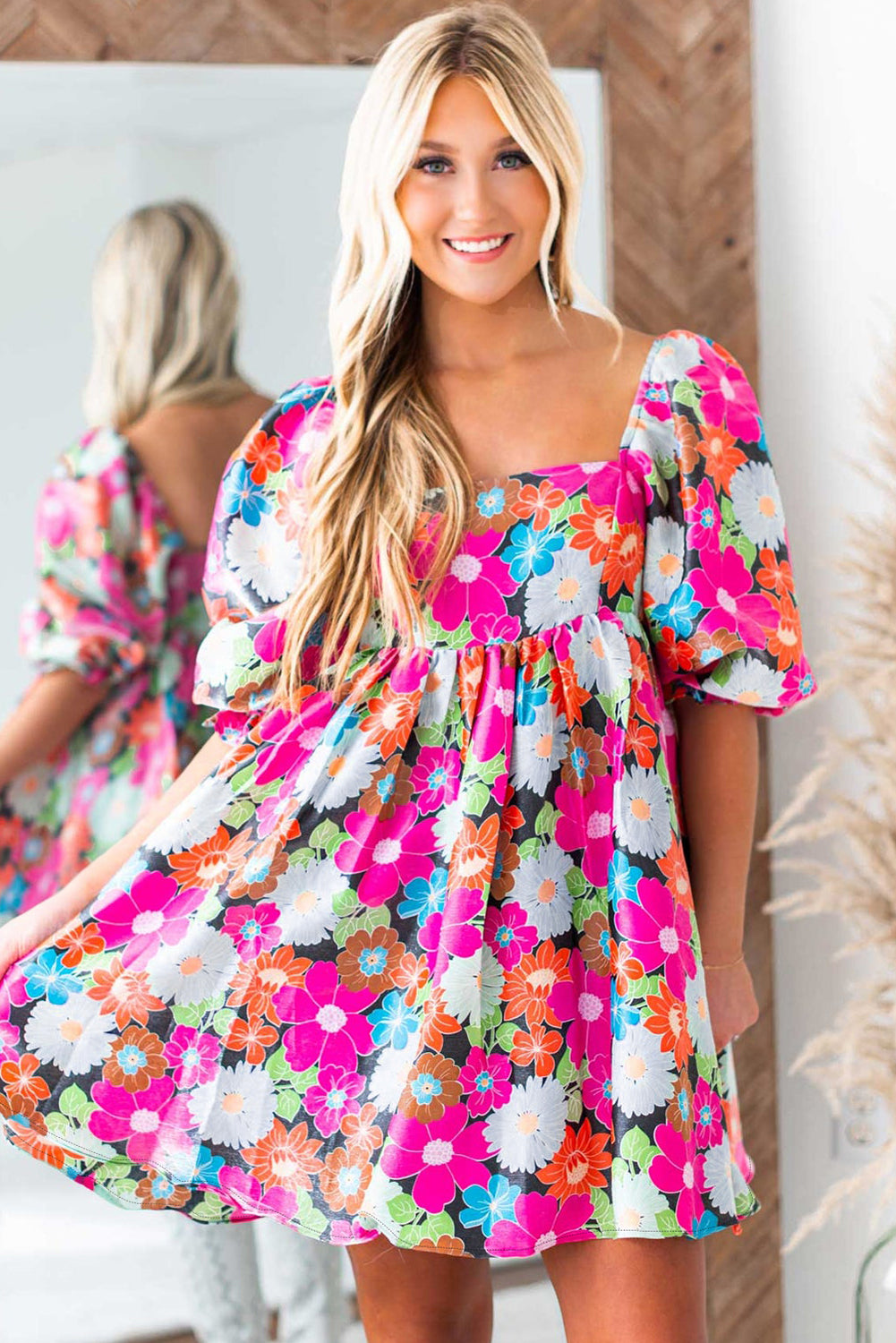 Floral Print Dress with Puff Sleeves and Square Neck Floral Dresses MyDresses 