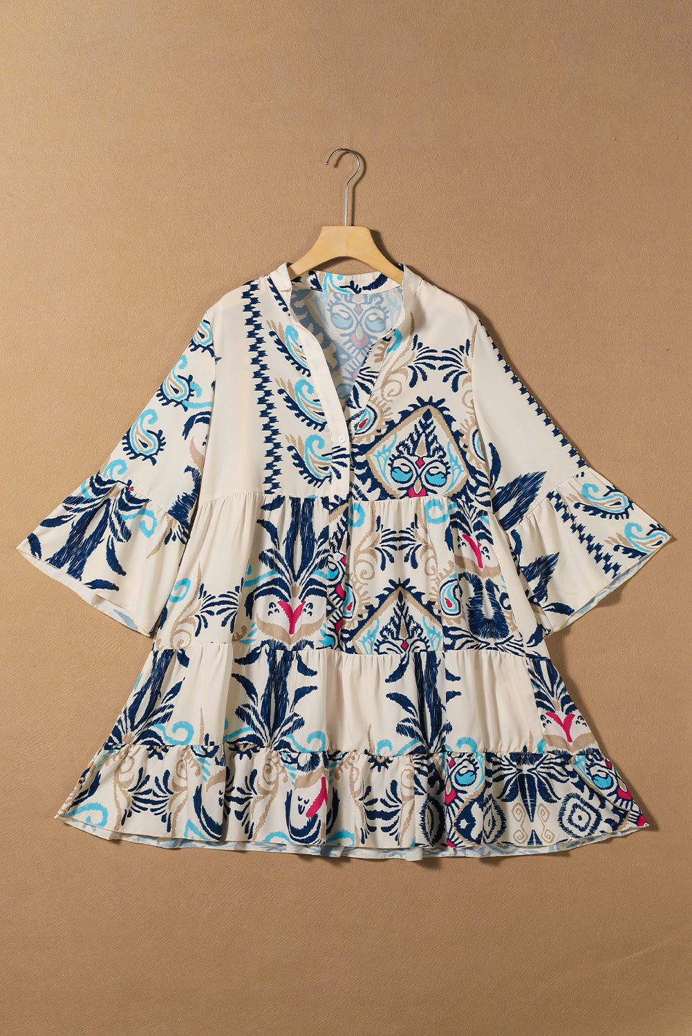 White Printed Tribal Print Bracelet Sleeve Buttoned Mini Dress Mini Dresses MyDresses