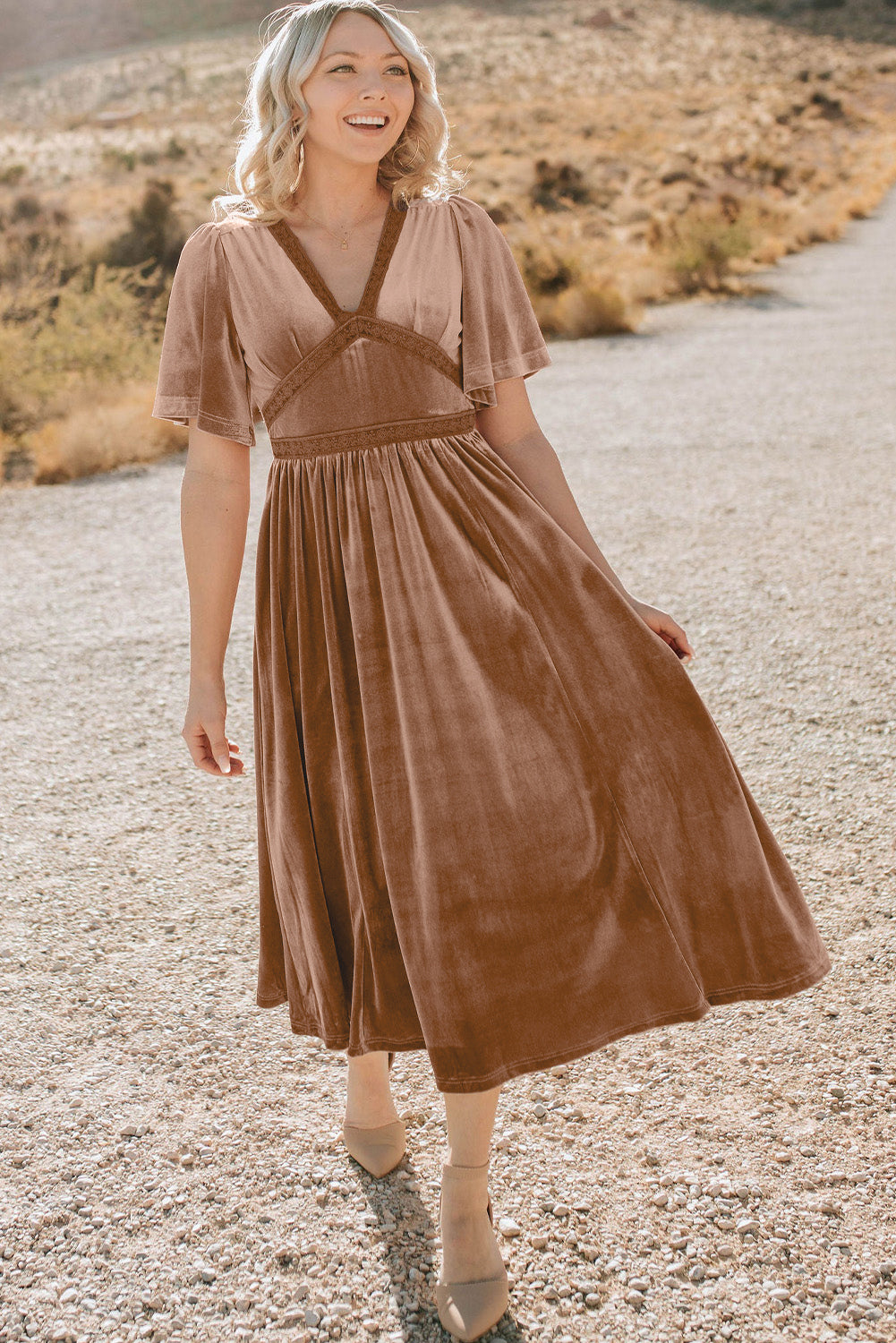 Velvet Maxi Dress with Lace Detail and Empire Waist Maxi Dresses MyDresses 