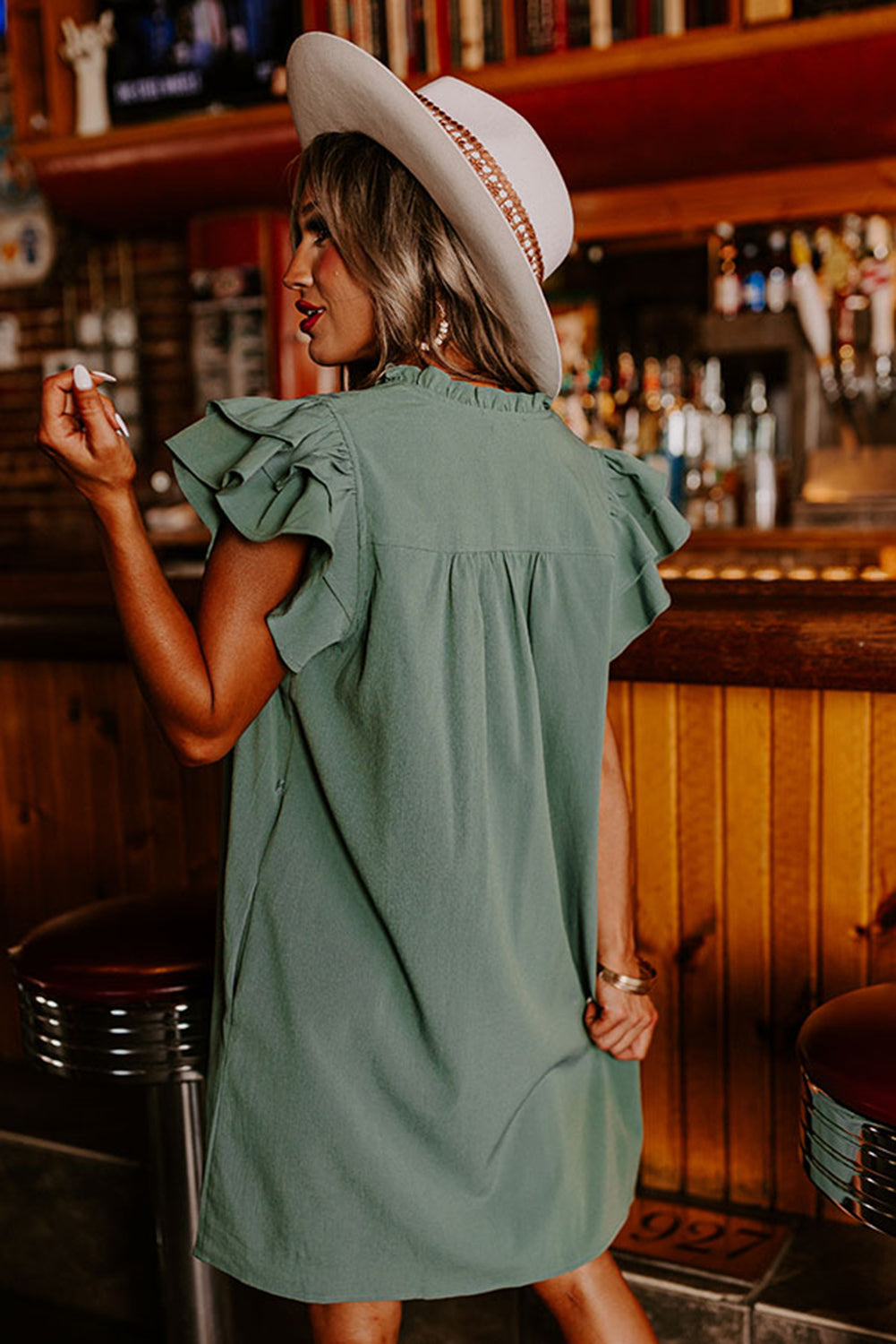 V Neck Ruffle Sleeve Frilled Shift Dress Mini Dresses MyDresses 