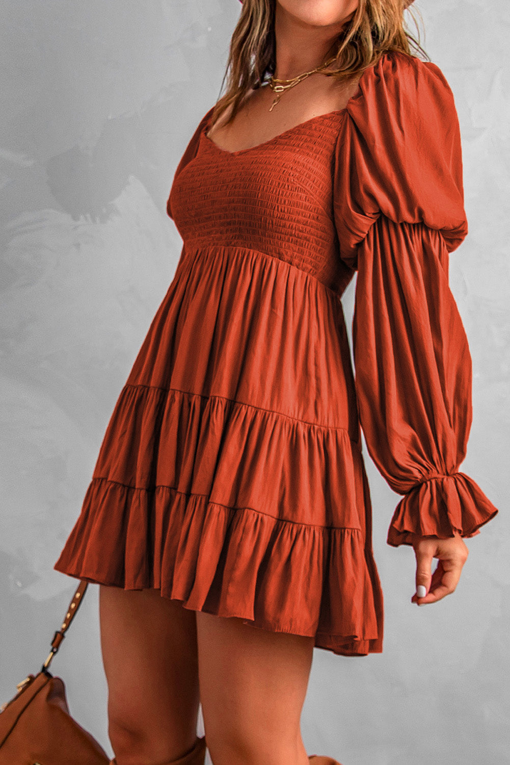 Black Boho Solid Shirred Ruffle Mini Dress Mini Dresses MyDresses
