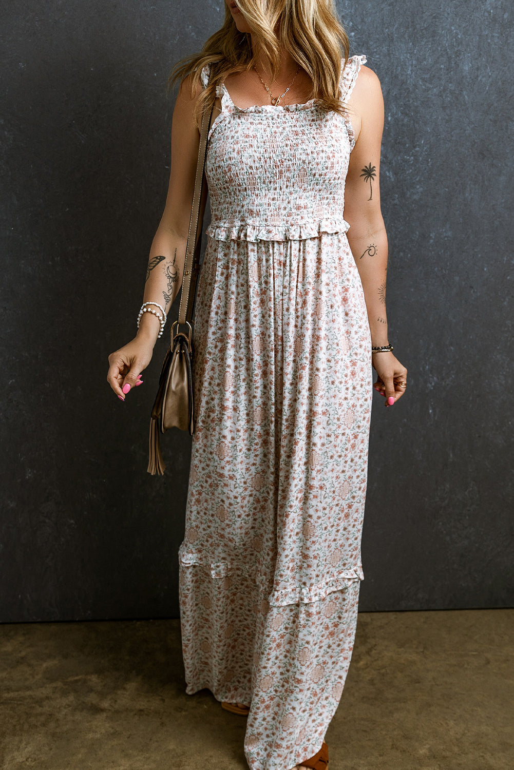 Lace Strap Shirred Floral Maxi Dress Maxi Dresses MyDresses 