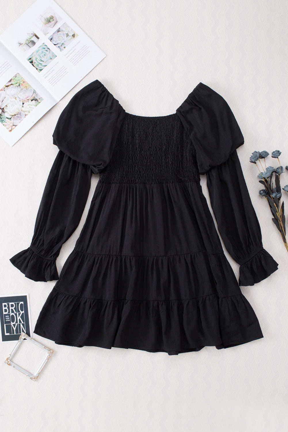 Boho Mini Dress with Shirred Bodice and Ruffle Tiers Mini Dresses MyDresses 