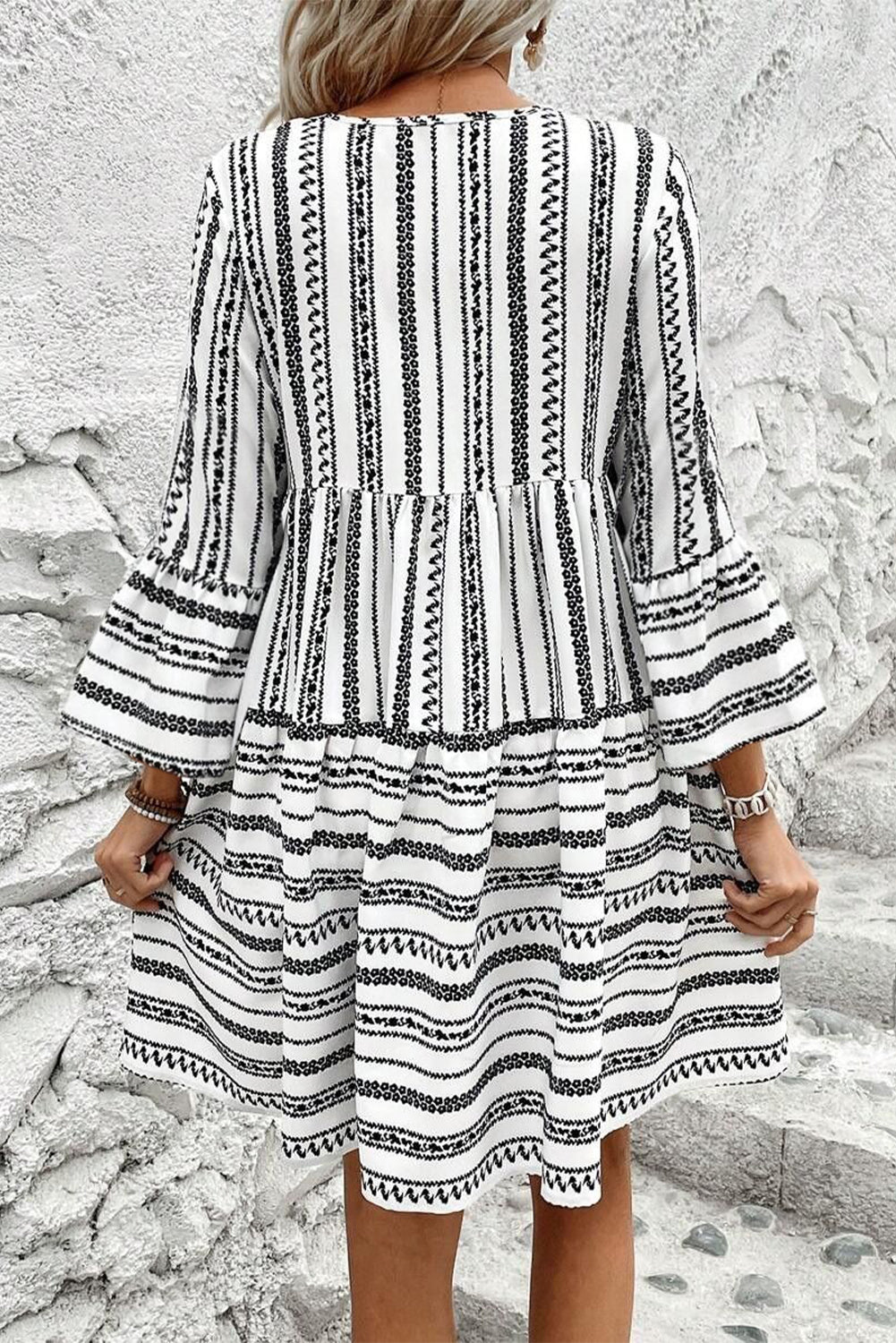 V Neck Mini Dress with Bell Sleeves and Striped Print Mini Dresses MyDresses 