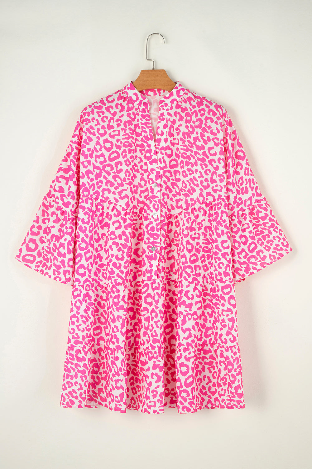 Leopard Print Mini Dress with Buttoned Front and Tiered Design Mini Dresses MyDresses 