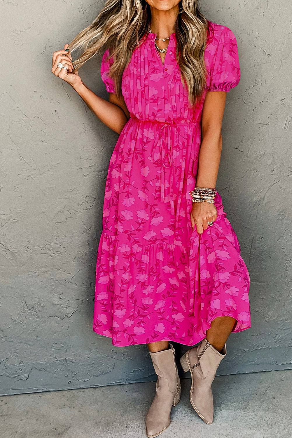 Floral Print Pleated Drawstring Midi Dress Midi Dresses MyDresses Pink 8 | S 