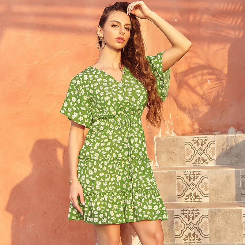 Leopard Print V-Neck Dress with Flutter Sleeves and Tiered Skirt Maxi Dresses MyDresses Green 8 | S 