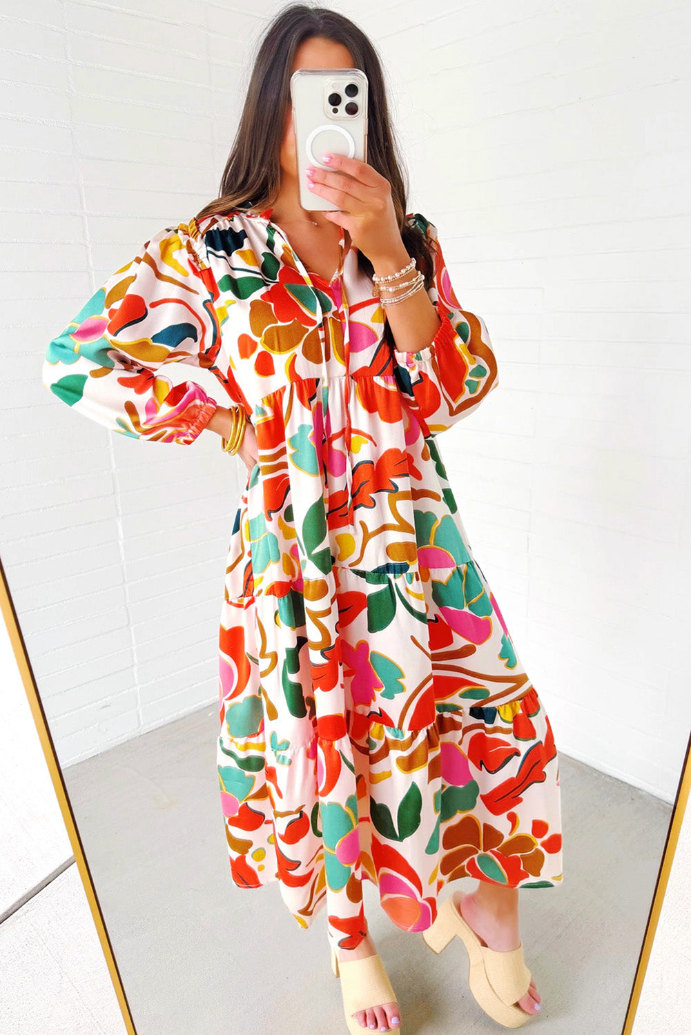 Floral Print Maxi Dress with Split V Neck and Tiered Design Maxi Dresses MyDresses 