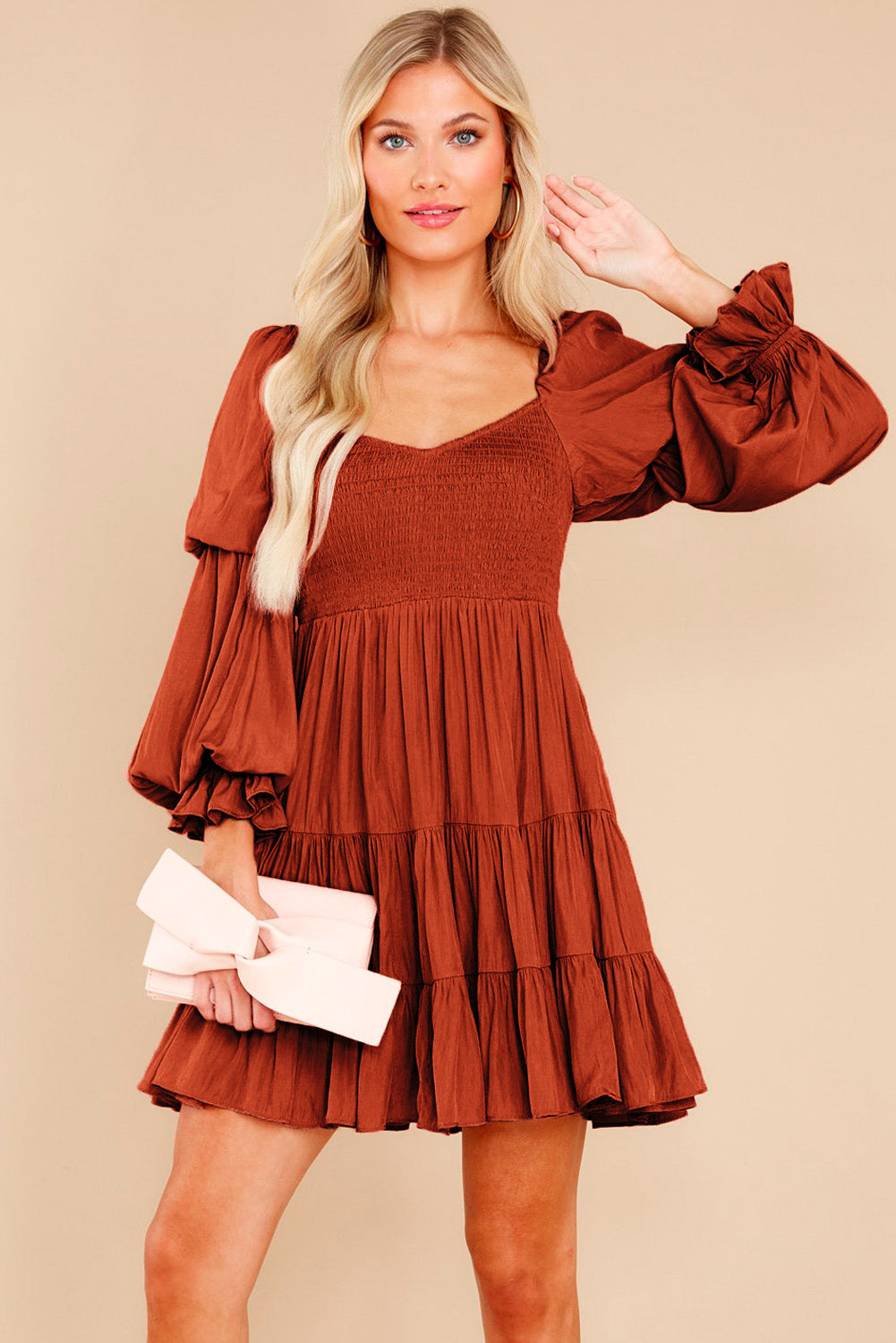 Black Boho Solid Shirred Ruffle Mini Dress Mini Dresses MyDresses