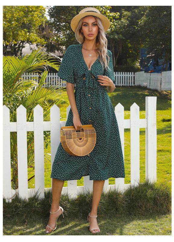Polka Dot Deep V-Neck Dress with Bow and Button-Down Front Midi Dresses MyDresses Deep Green 8 | S 