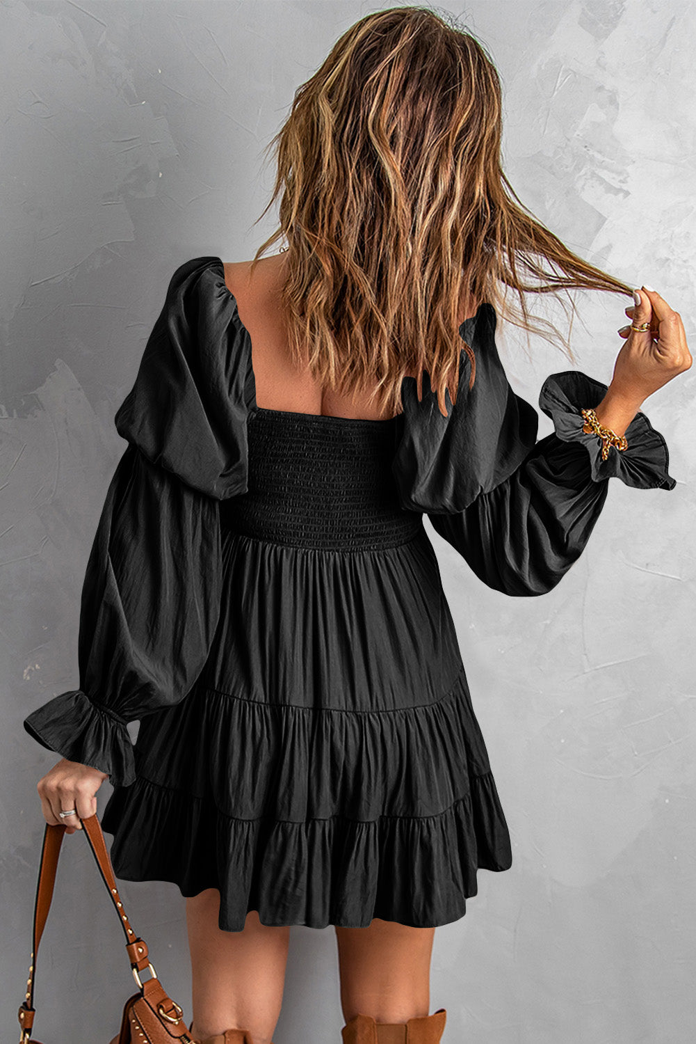 Black Boho Solid Shirred Ruffle Mini Dress Mini Dresses MyDresses