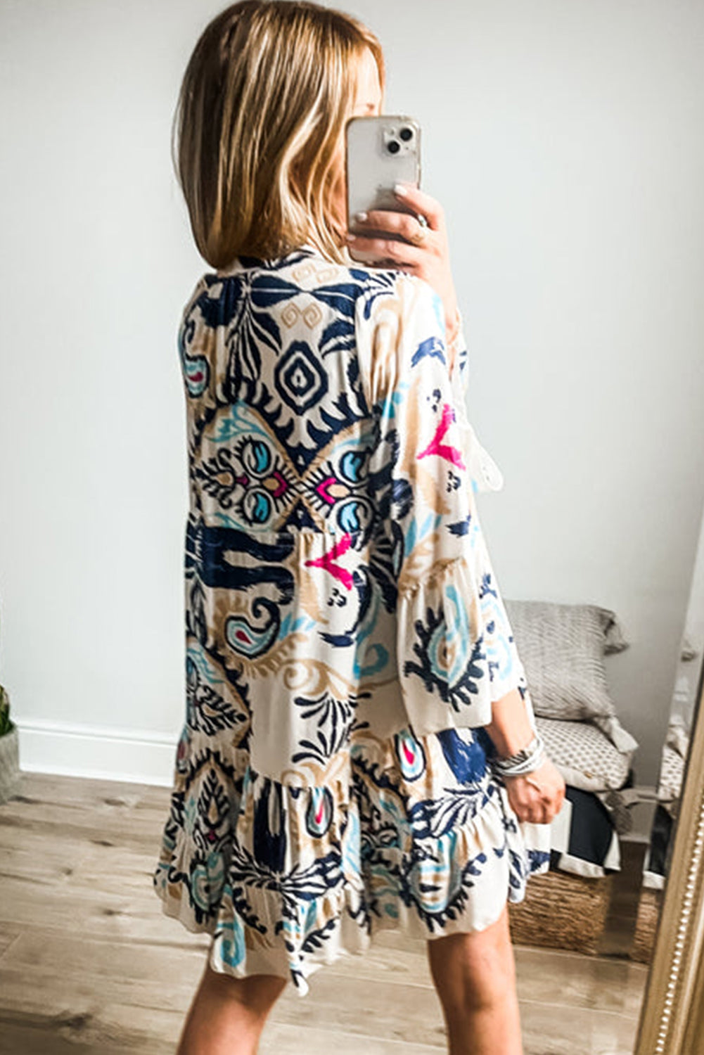 White Printed Tribal Print Bracelet Sleeve Buttoned Mini Dress Mini Dresses MyDresses