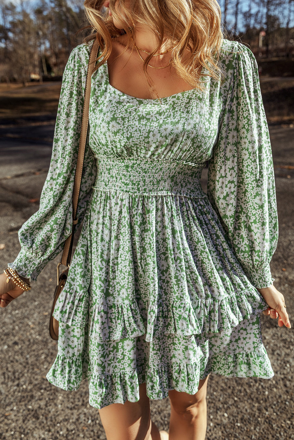 Floral Print Mini Dress with Shirred Waist and Tiered Ruffles Floral Dresses MyDresses Green 8 | S 