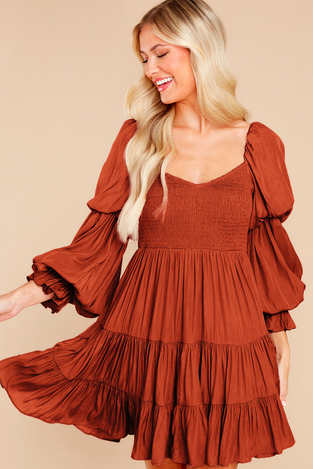 Black Boho Solid Shirred Ruffle Mini Dress Mini Dresses MyDresses