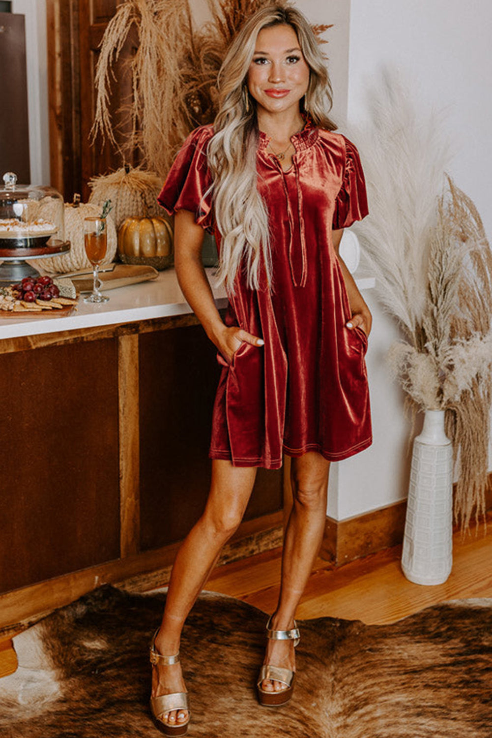 Velvet Mini Dress with Smocked Neckline and Puff Sleeves Mini Dresses MyDresses 