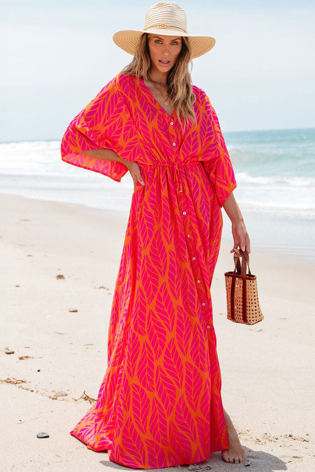 Leafy Print Maxi Dress with V Neck and Buttoned Split Maxi Dresses MyDresses 