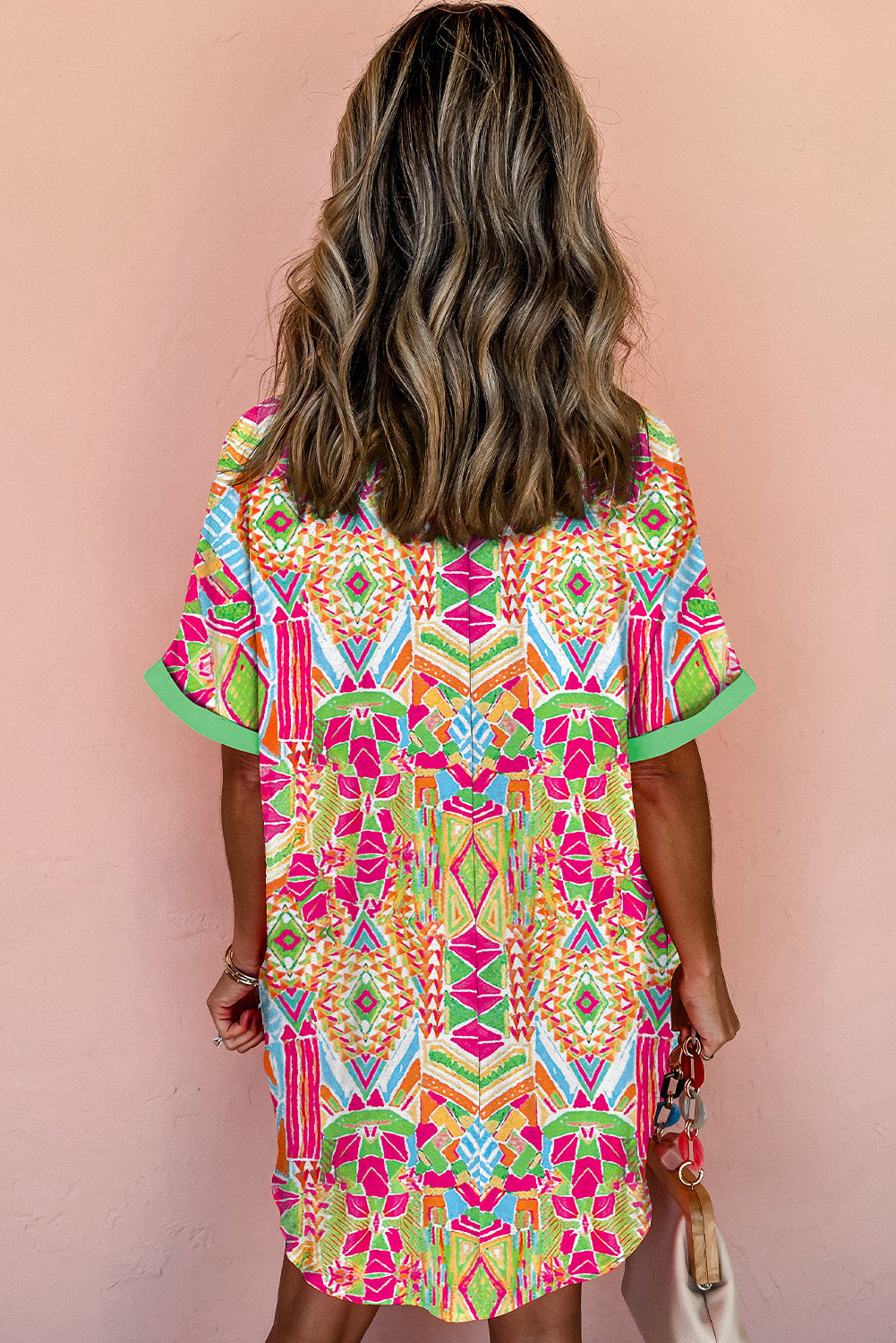 Geometric Print Button-Down Shirt Dress with Contrast Trim Mini Dresses MyDresses 