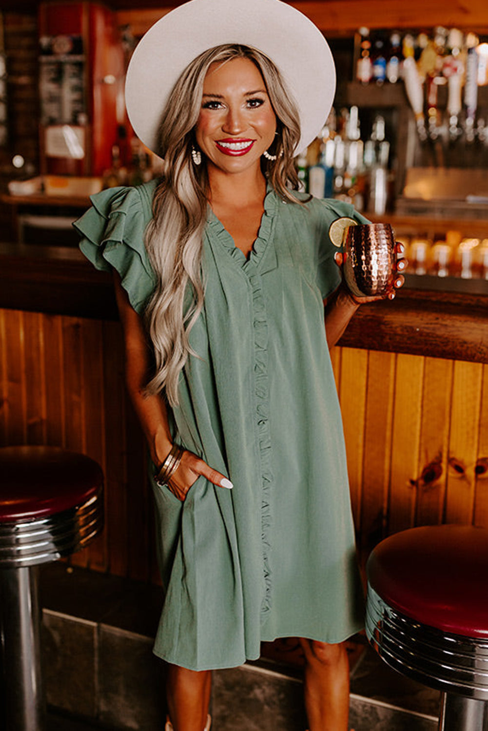 V Neck Ruffle Sleeve Frilled Shift Dress Mini Dresses MyDresses 