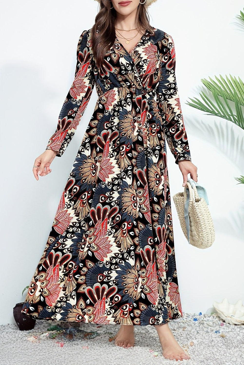 Floral Print Maxi Dress with V Neck Wrap and High Waist Maxi Dresses MyDresses Black 8 | S 