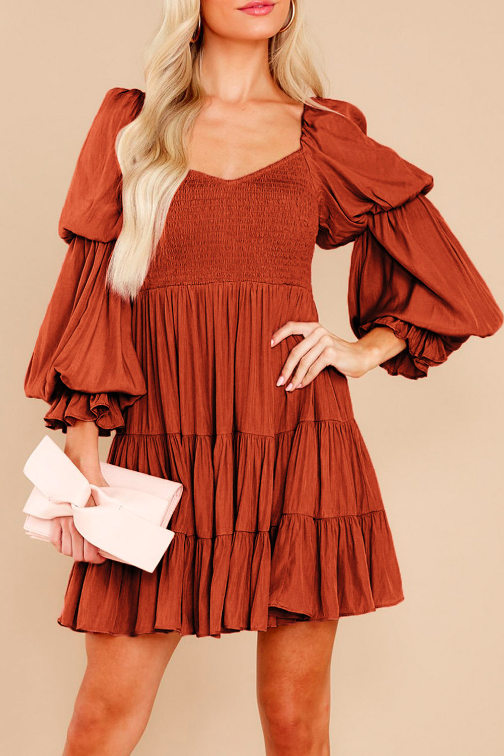 Black Boho Solid Shirred Ruffle Mini Dress Mini Dresses MyDresses