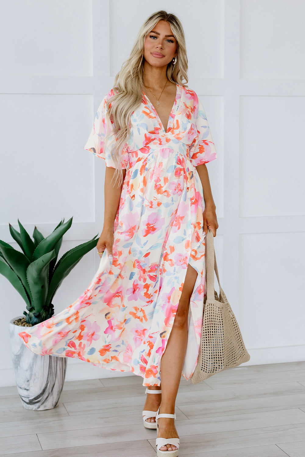 Tropical Floral Print Maxi Dress with V Neck and Ruched Bust Floral Dresses MyDresses 