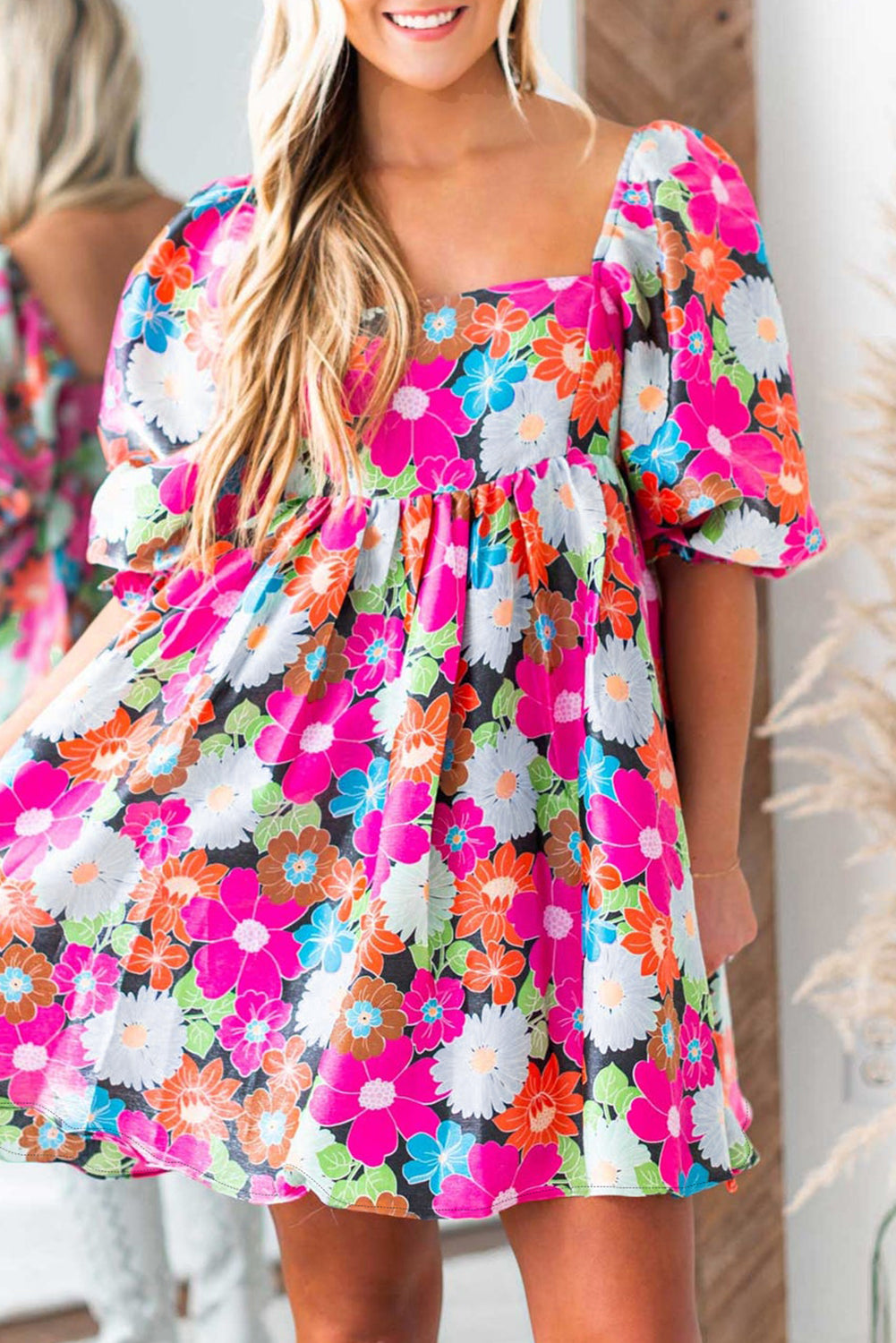 Floral Print Dress with Puff Sleeves and Square Neck Floral Dresses MyDresses Multicolor 8 | S 
