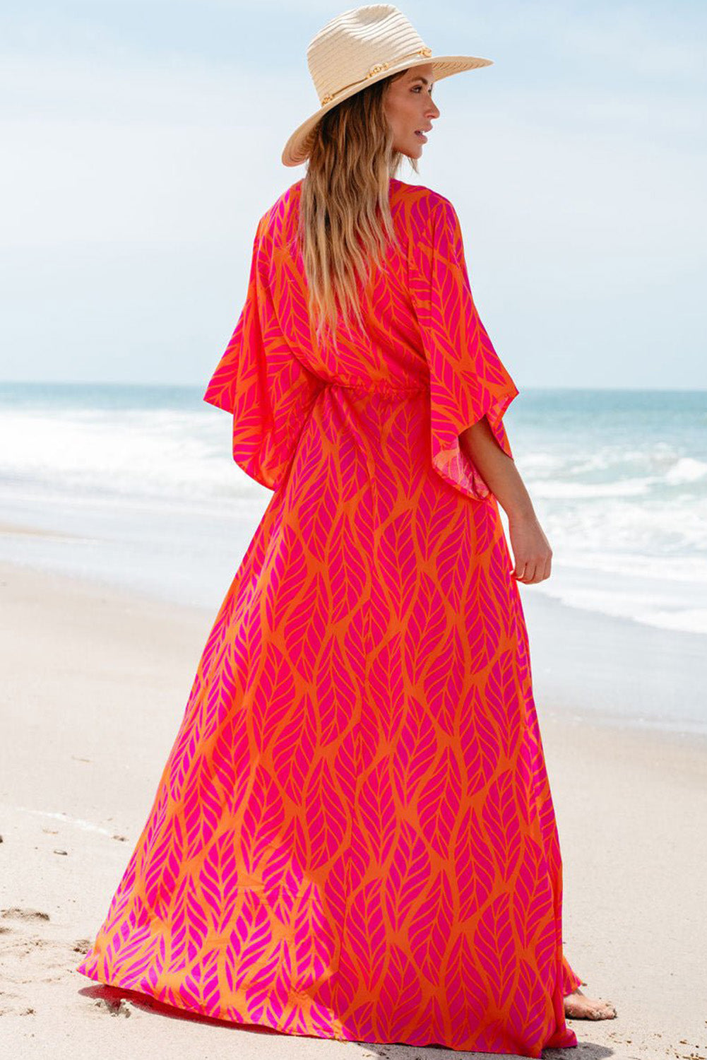 Leafy Print Maxi Dress with V Neck and Buttoned Split Maxi Dresses MyDresses 