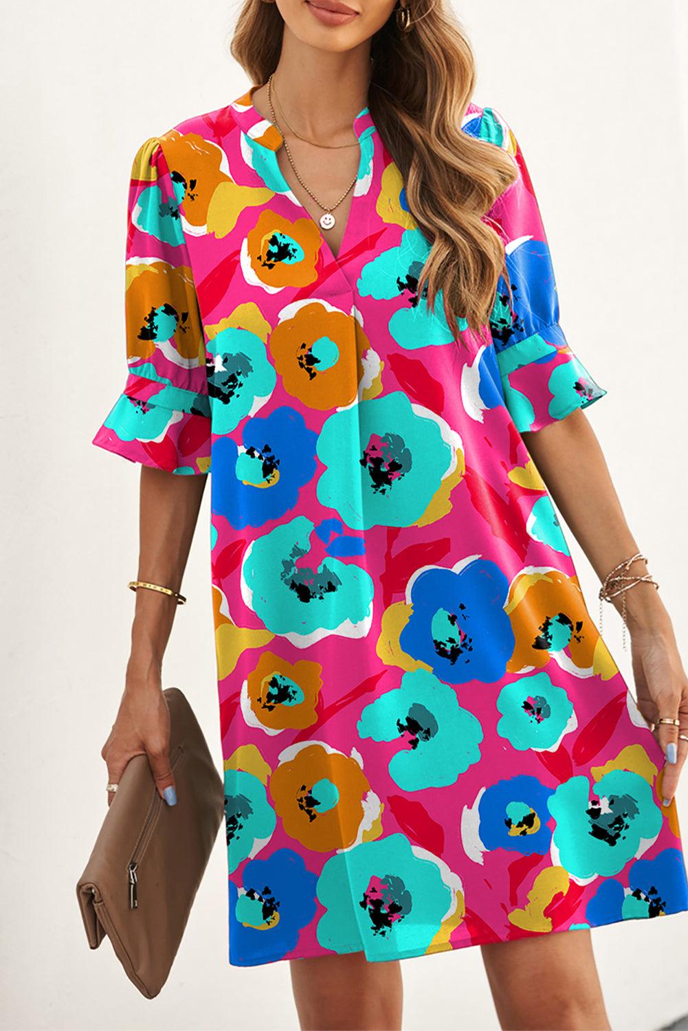 V-Neck Ruffle Sleeve Floral Shift Dress Mini Dresses MyDresses Multicolour 8 | S 