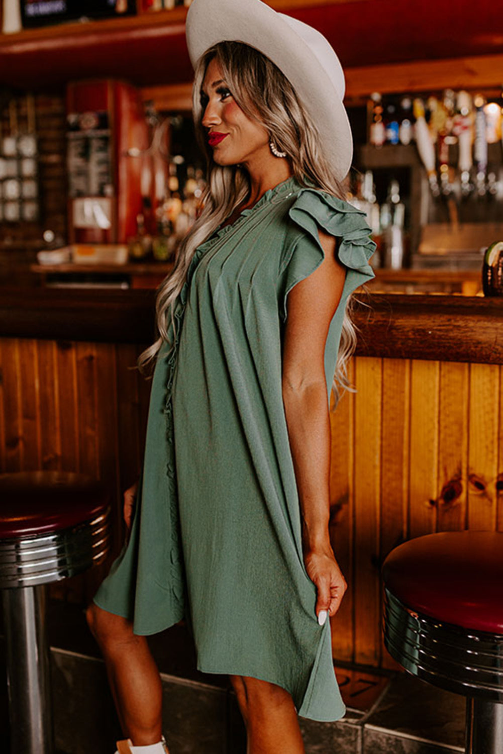 V Neck Ruffle Sleeve Frilled Shift Dress Mini Dresses MyDresses 