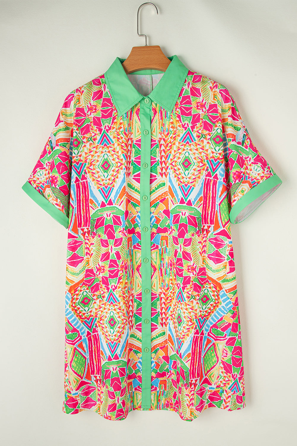 Geometric Print Button-Down Shirt Dress with Contrast Trim Mini Dresses MyDresses 