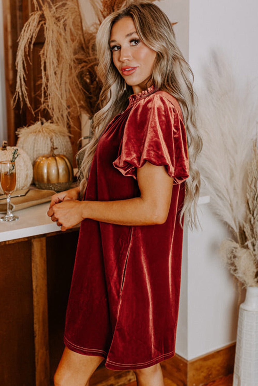 Velvet Mini Dress with Smocked Neckline and Puff Sleeves Mini Dresses MyDresses 
