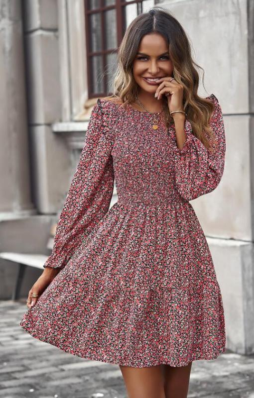 Floral Print A-Line Dress with Smocked Bodice and Tiered Skirt Mini Dresses MyDresses Wine Red 8 | S 