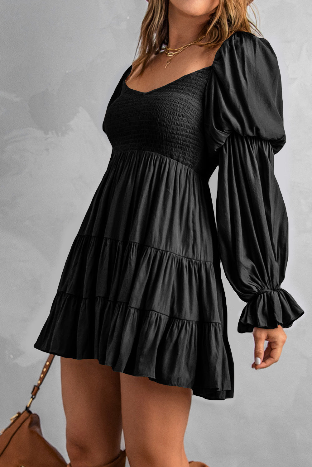 Black Boho Solid Shirred Ruffle Mini Dress Mini Dresses MyDresses