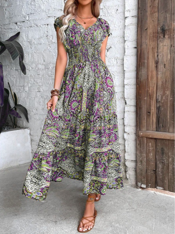 Bohemian Maxi Dress with Paisley Print and Smocked Bodice Maxi Dresses MyDresses Pattern 3 8 | S 