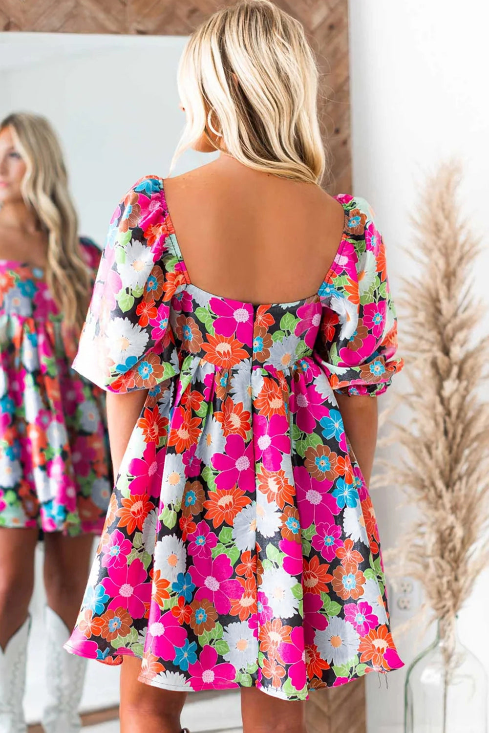 Floral Print Dress with Puff Sleeves and Square Neck Floral Dresses MyDresses 