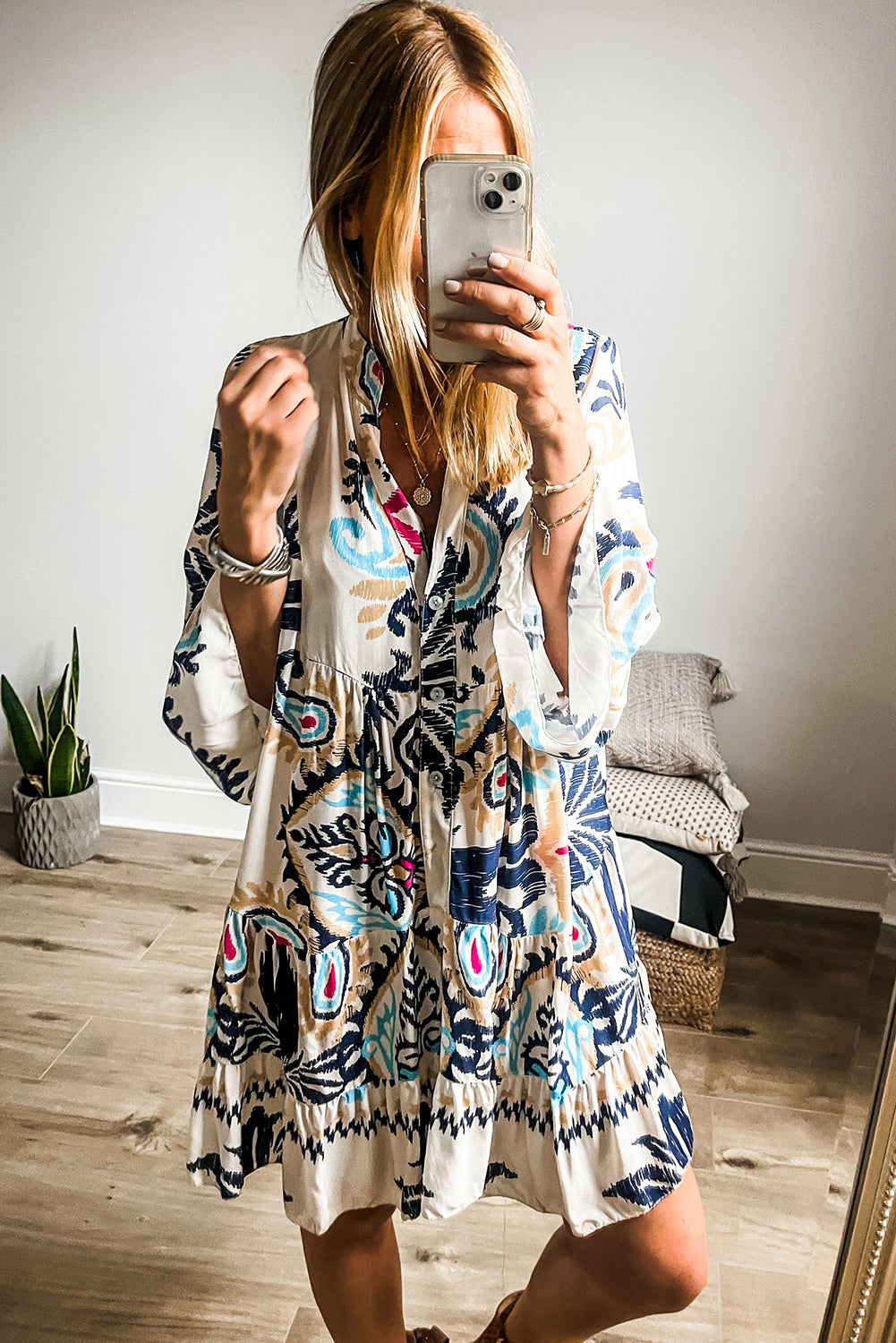 White Printed Tribal Print Bracelet Sleeve Buttoned Mini Dress Mini Dresses MyDresses