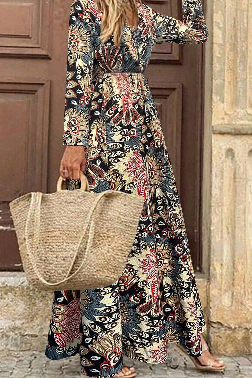 Floral Print Maxi Dress with V Neck Wrap and High Waist Maxi Dresses MyDresses 