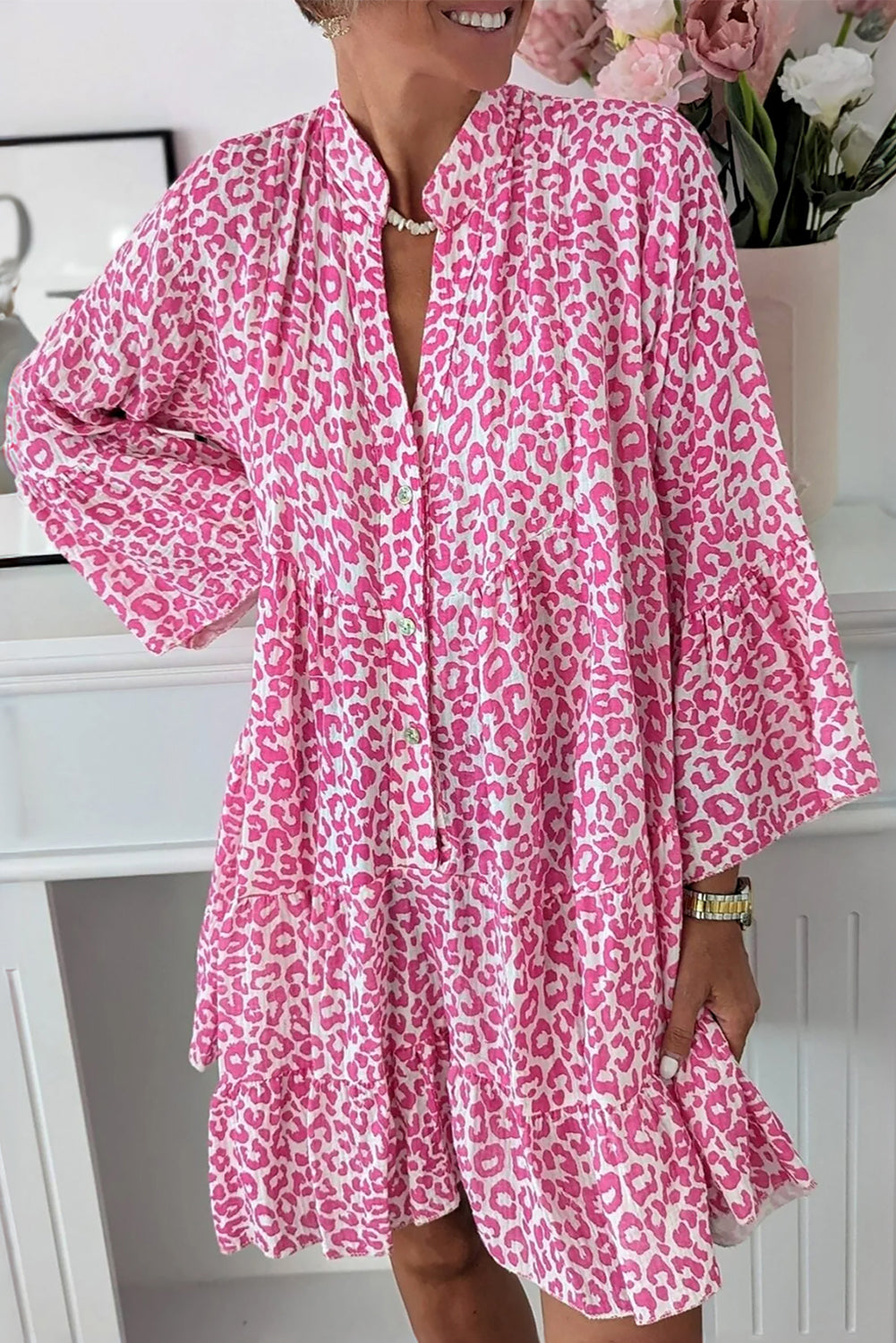 Leopard Print Mini Dress with Buttoned Front and Tiered Design Mini Dresses MyDresses Pink 8 | S 