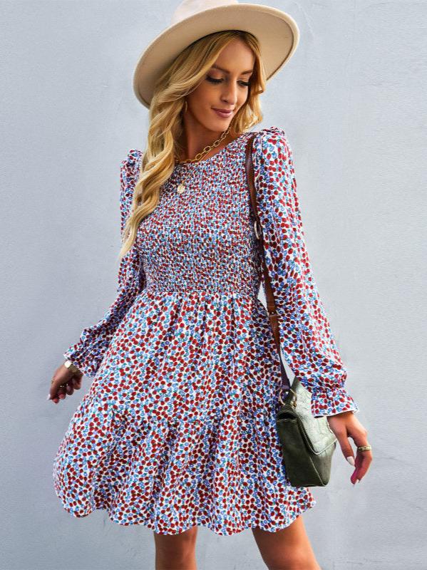 Floral Print A-Line Dress with Smocked Bodice and Tiered Skirt Mini Dresses MyDresses Red 8 | S 