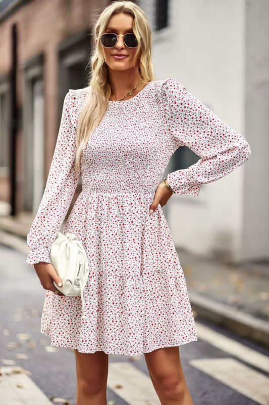 Floral Print A-Line Dress with Smocked Bodice and Tiered Skirt Mini Dresses MyDresses White 8 | S 