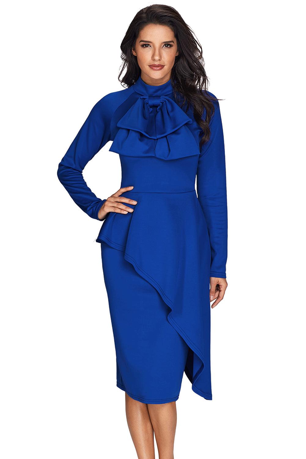 Asymmetric Peplum Pussy Bow Dress Peplum Dresses MyDresses Blue 8 | S 