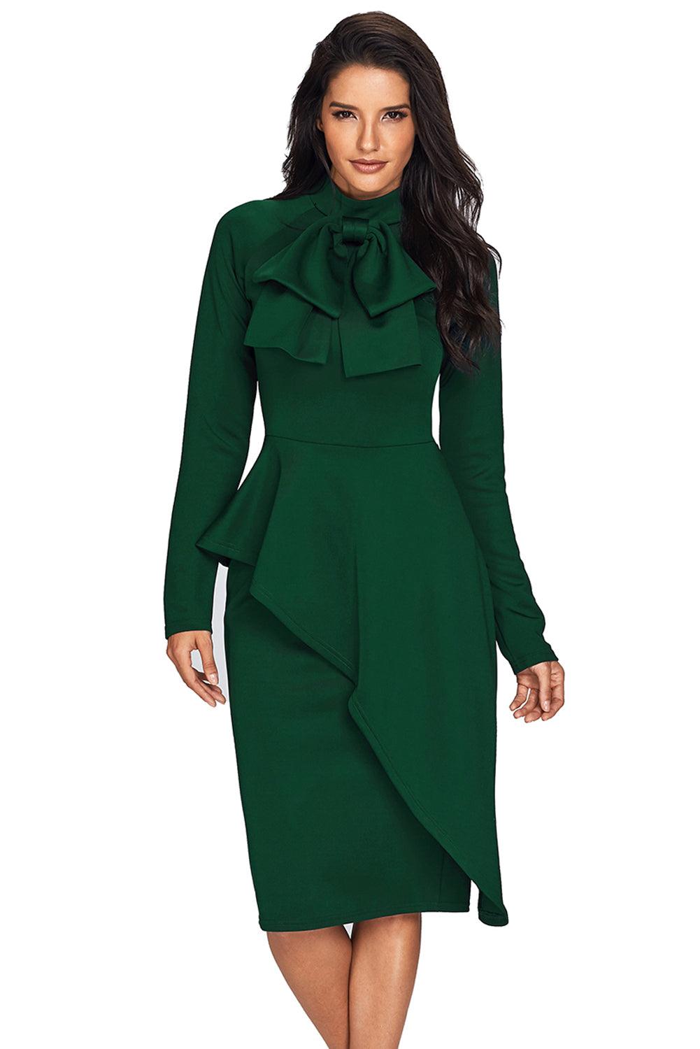 Asymmetric Peplum Pussy Bow Dress Peplum Dresses MyDresses Green 8 | S 