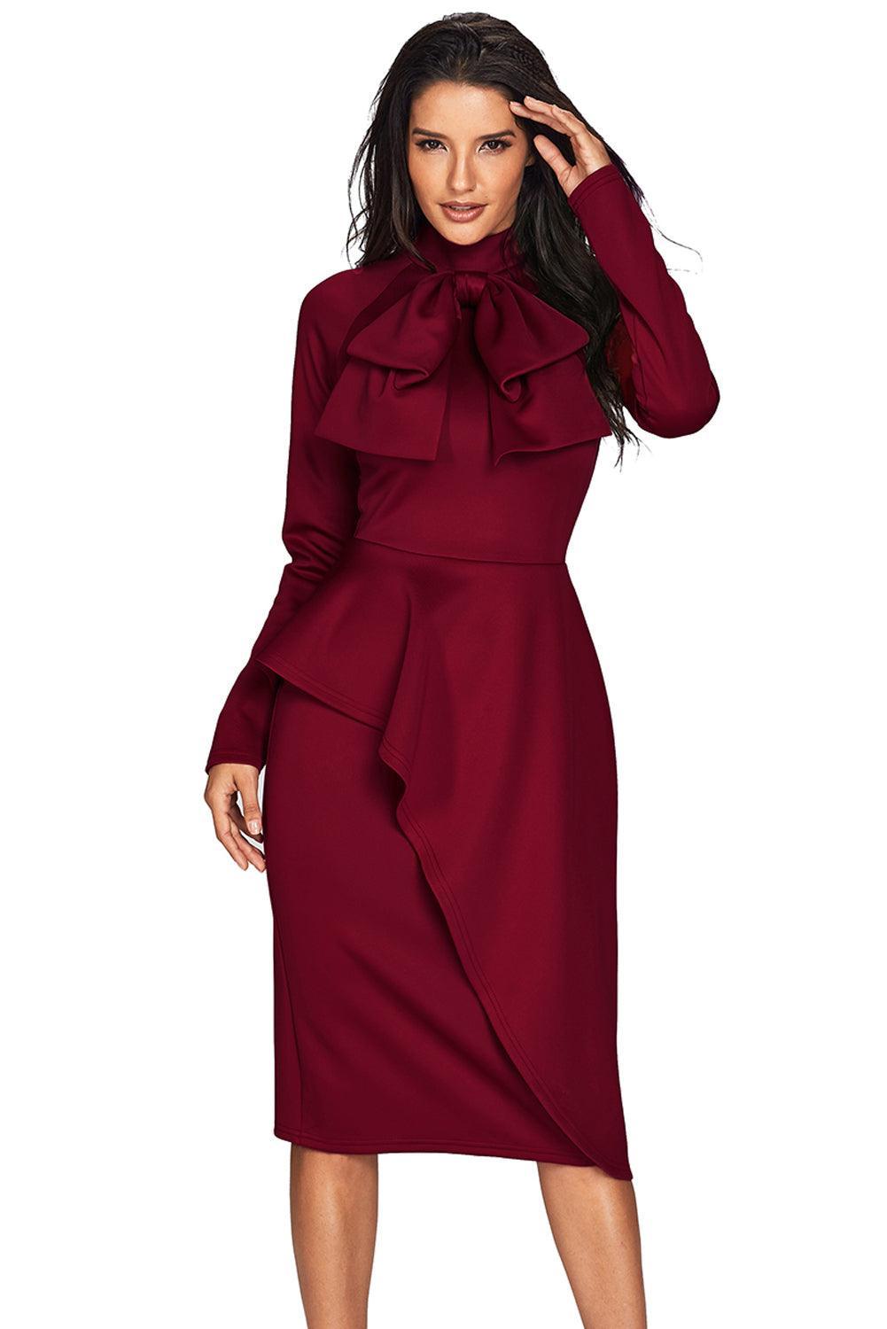 Asymmetric Peplum Pussy Bow Dress Peplum Dresses MyDresses Red 8 | S 