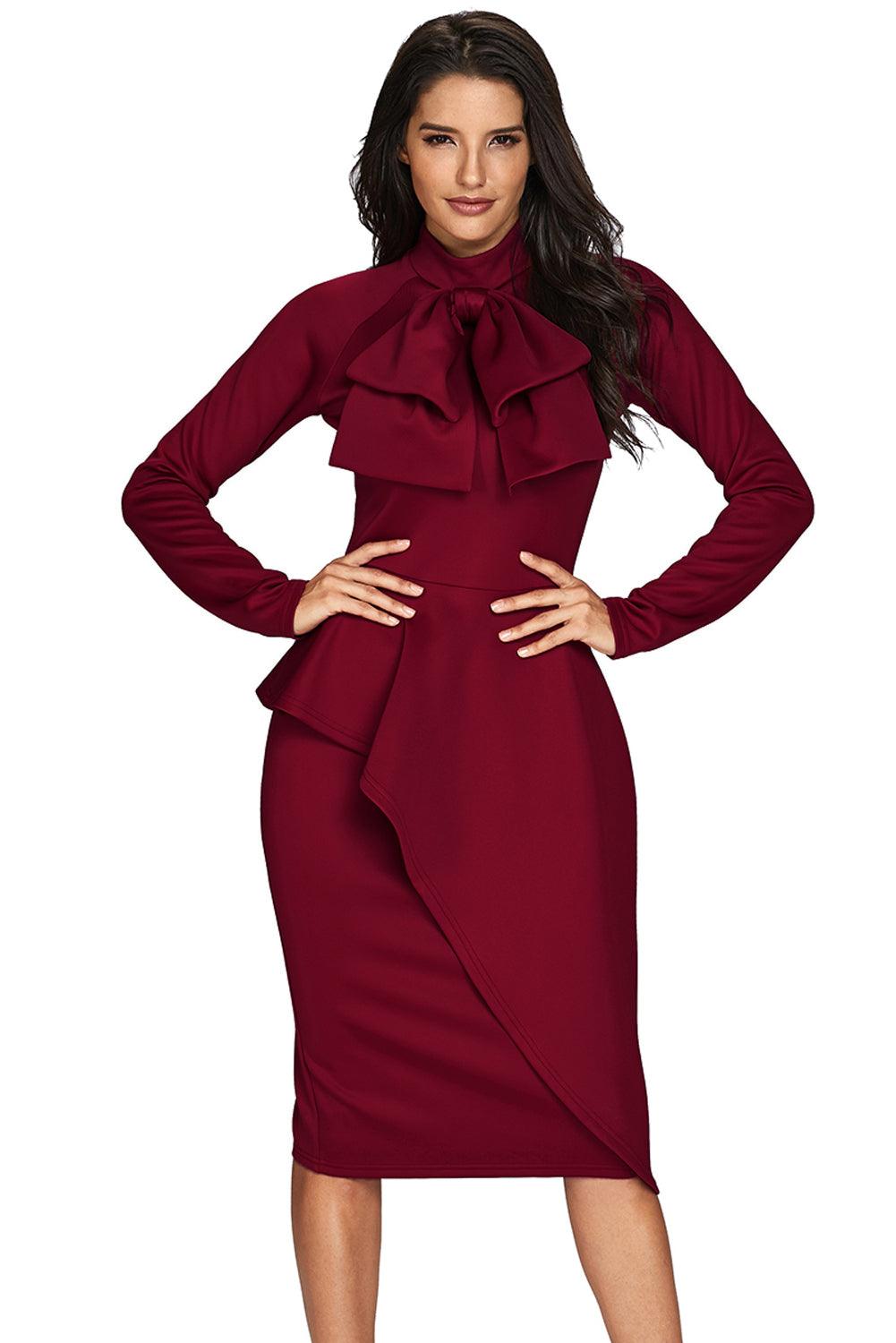 Asymmetric Peplum Pussy Bow Dress Peplum Dresses MyDresses 