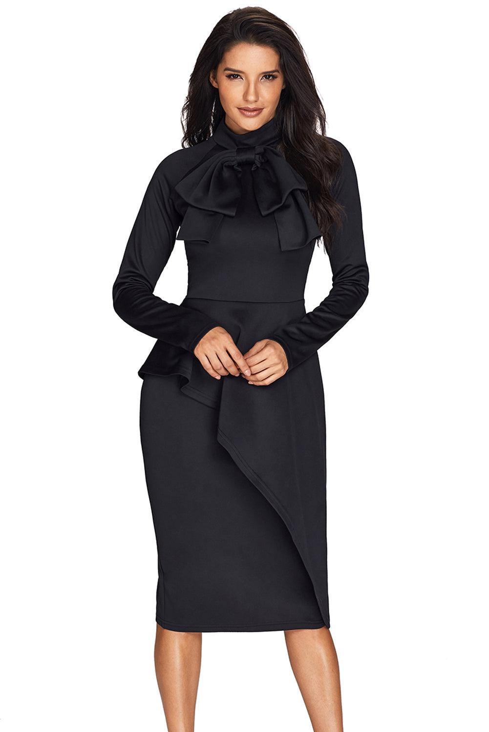 Asymmetric Peplum Pussy Bow Dress Peplum Dresses MyDresses Black 8 | S 