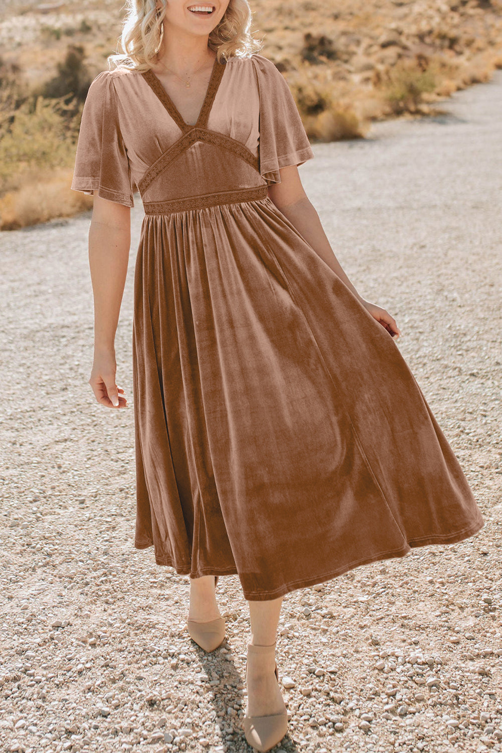 Velvet Maxi Dress with Lace Detail and Empire Waist Maxi Dresses MyDresses Brown 8 | S 